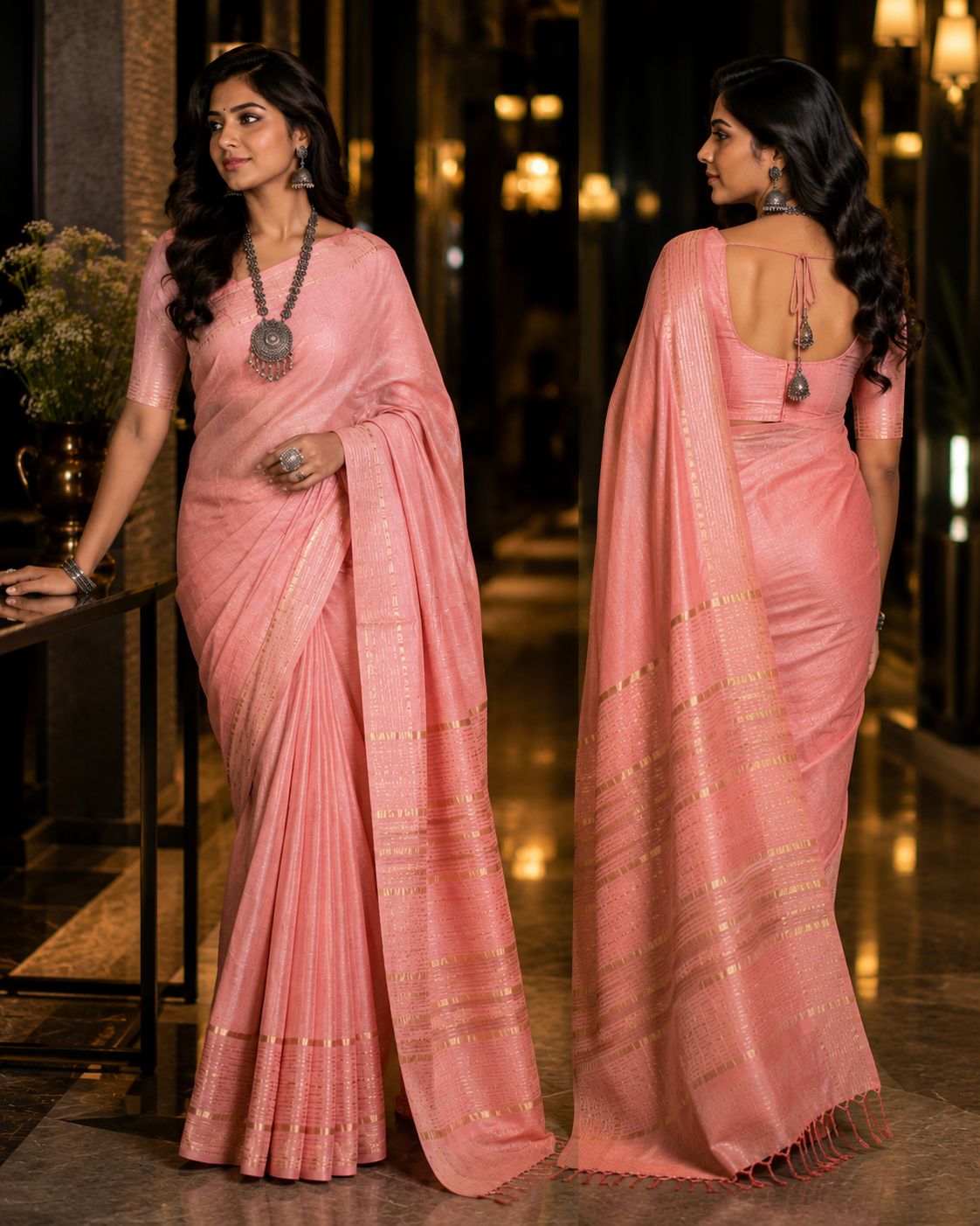 Peach Pure Tussar Silk Saree