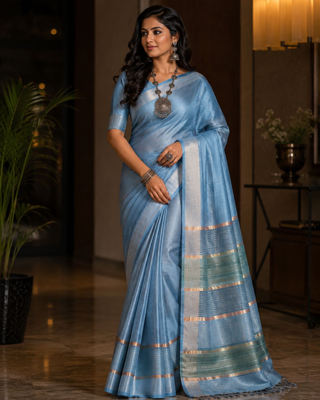 Steel Blue Pure Tussar Silk Saree