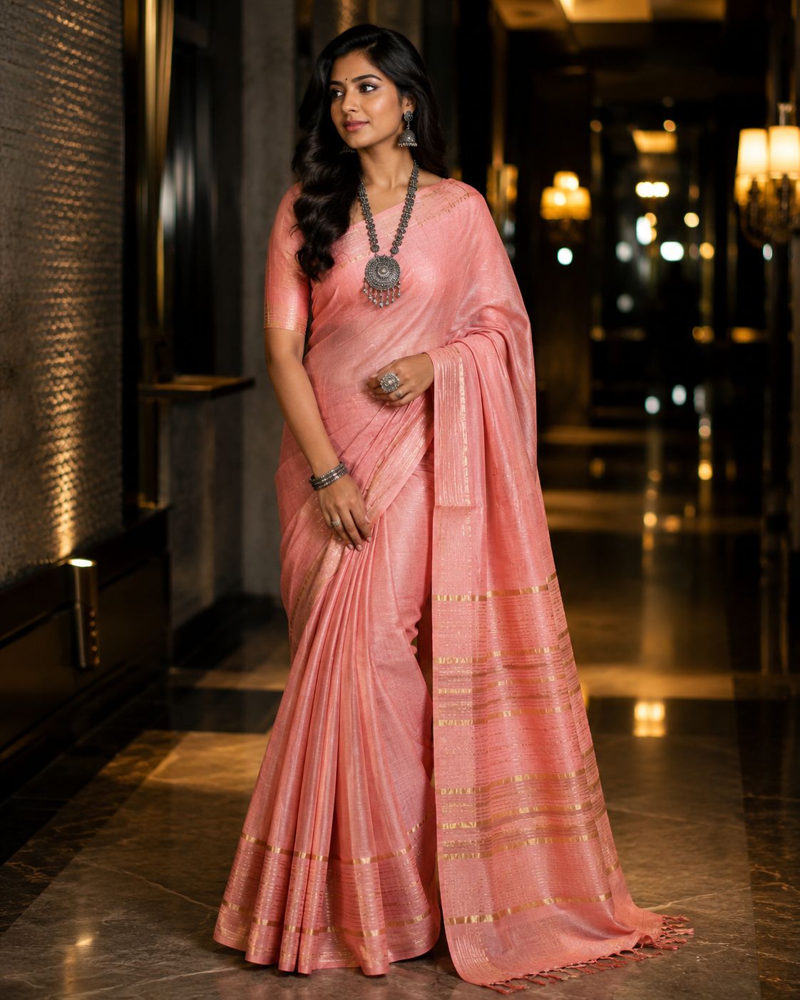 Peach Pure Tussar Silk Saree