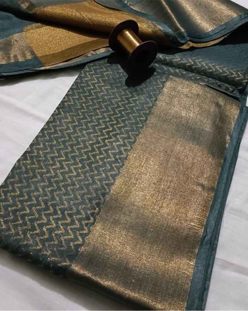 Dusty Teal Zari Tissue Linen