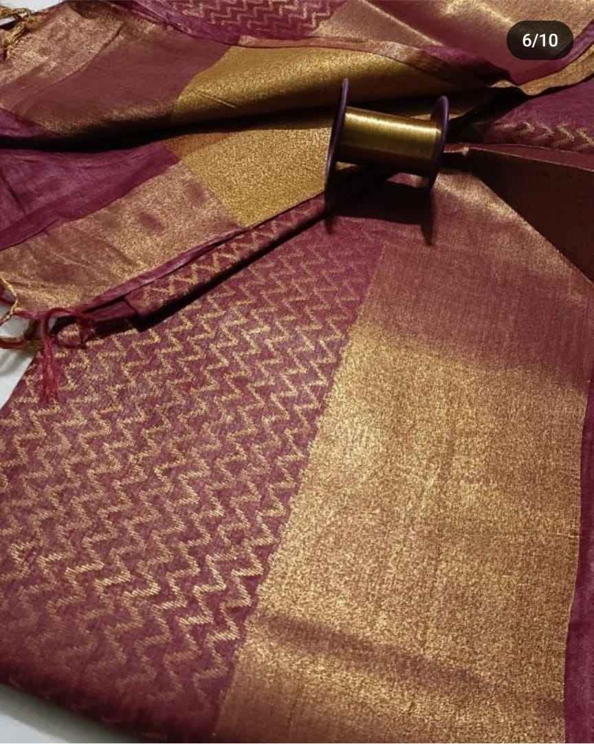 Wine Zari Tissue Linen