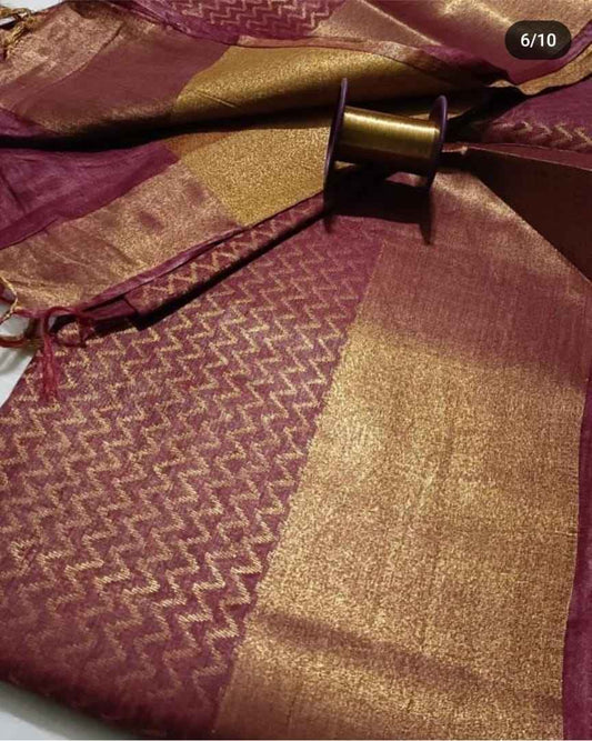 Wine Zari Tissue Linen