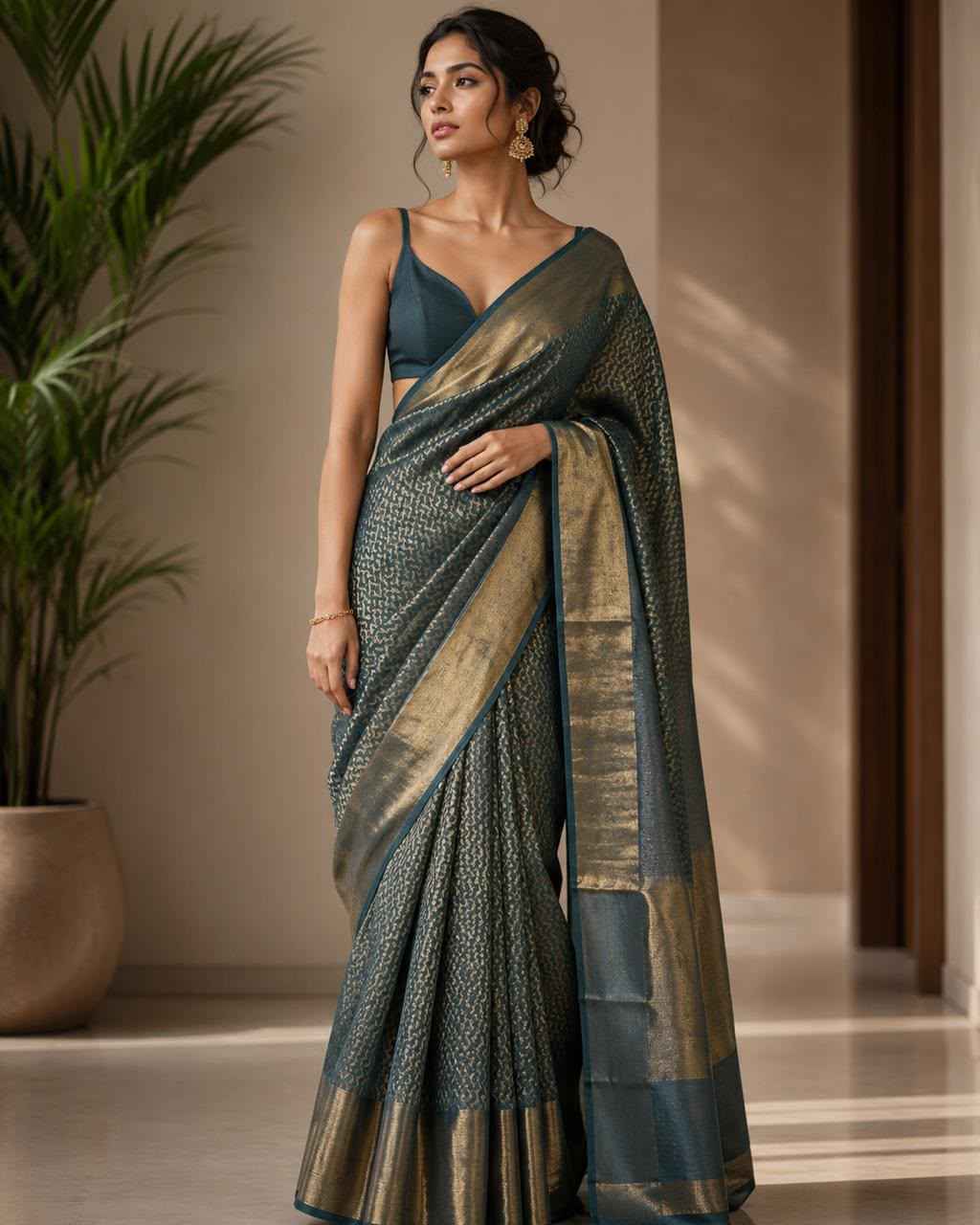 Dusty Teal Zari Tissue Linen