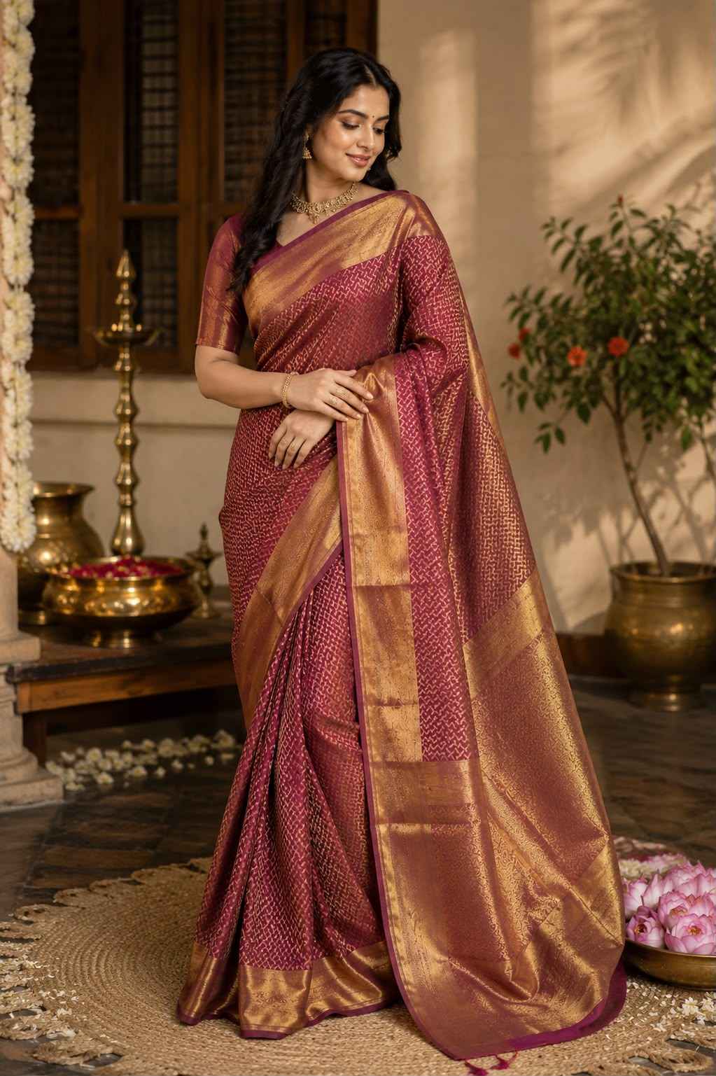 Wine Zari Tissue Linen