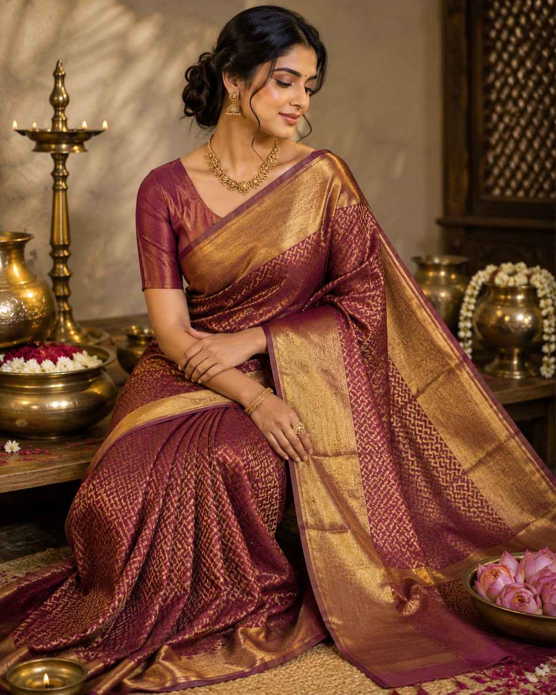 Wine Zari Tissue Linen