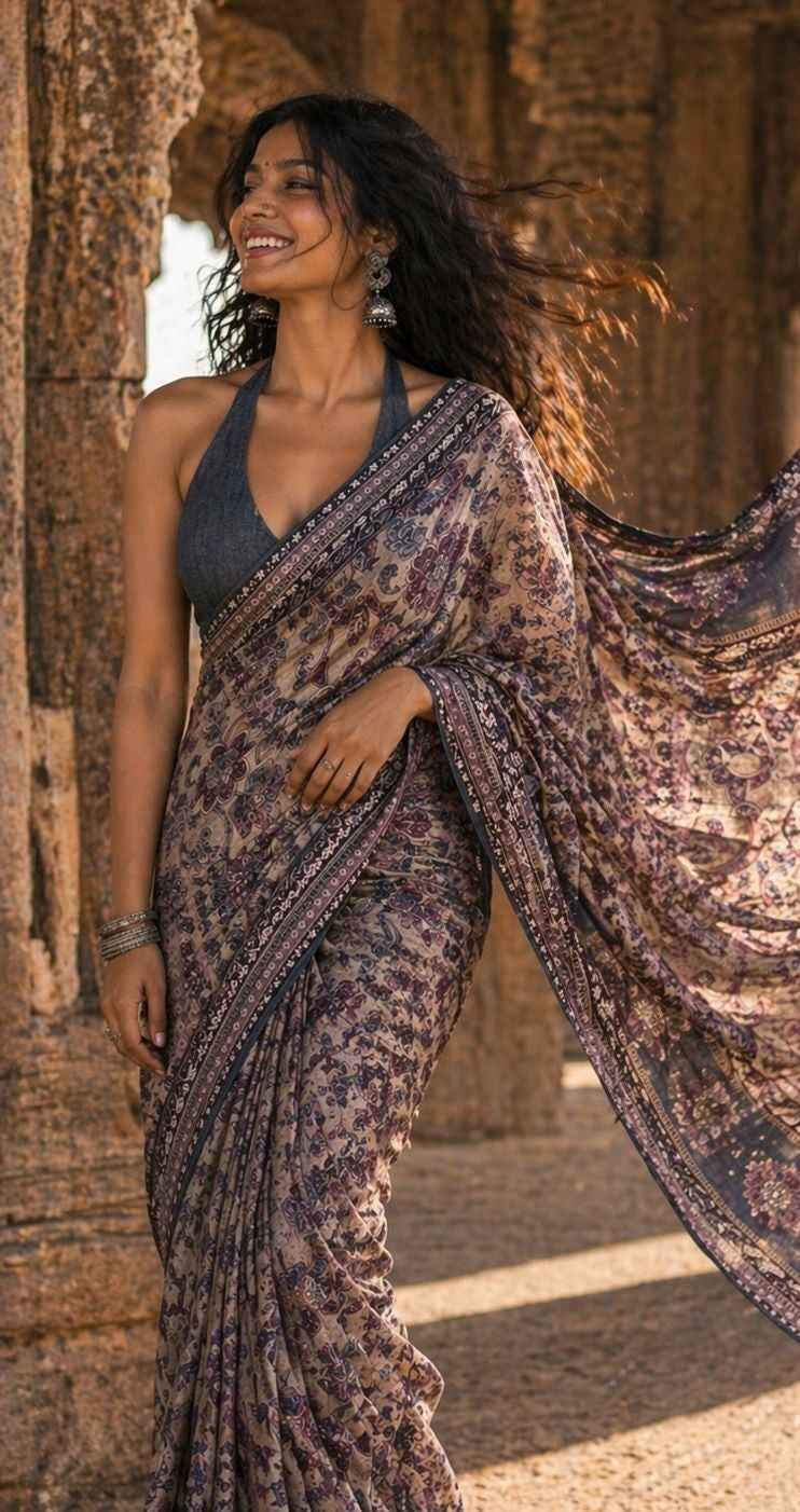 Blue Momga Printed Tussar silk saree
