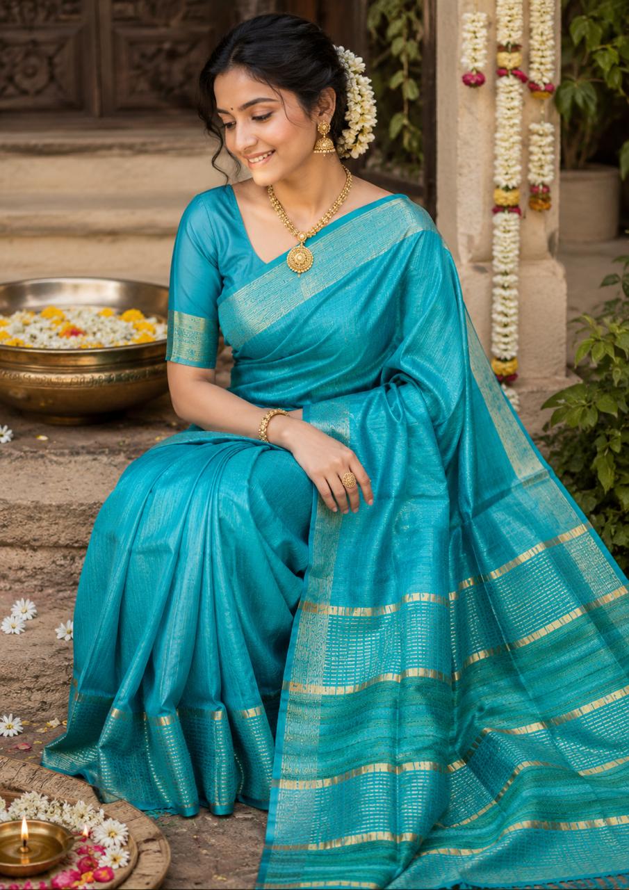 Sea Green Pure Tussar Silk Saree