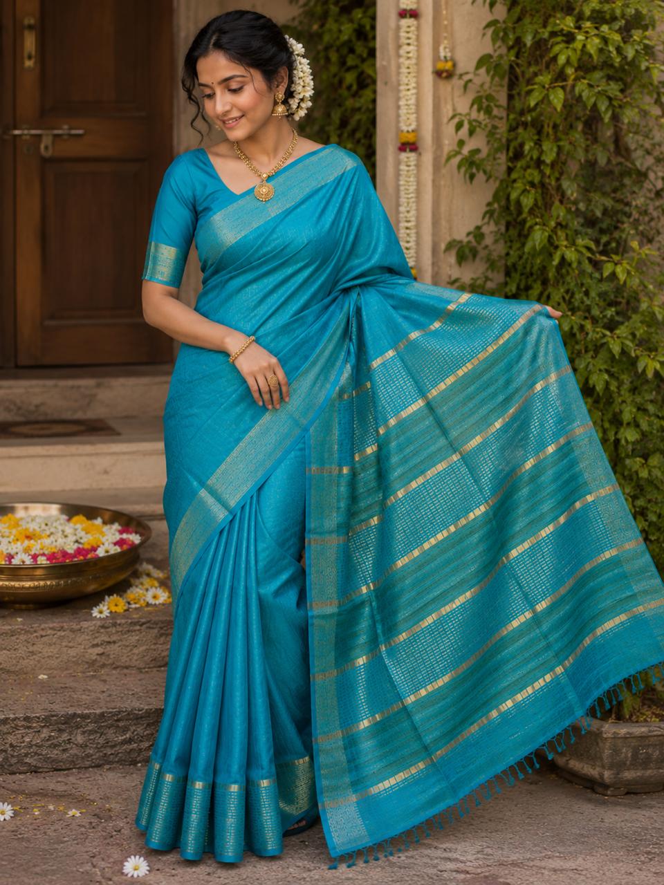 Sea Green Pure Tussar Silk Saree