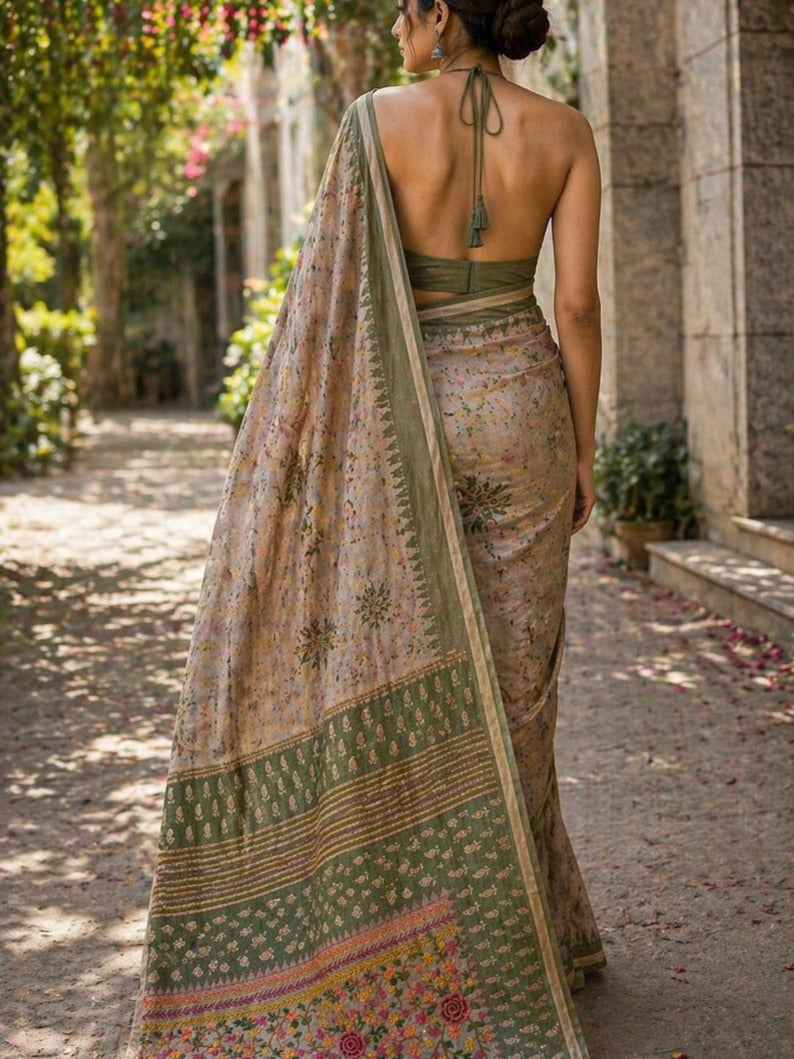 Green Handwork Semi Tussar Saree