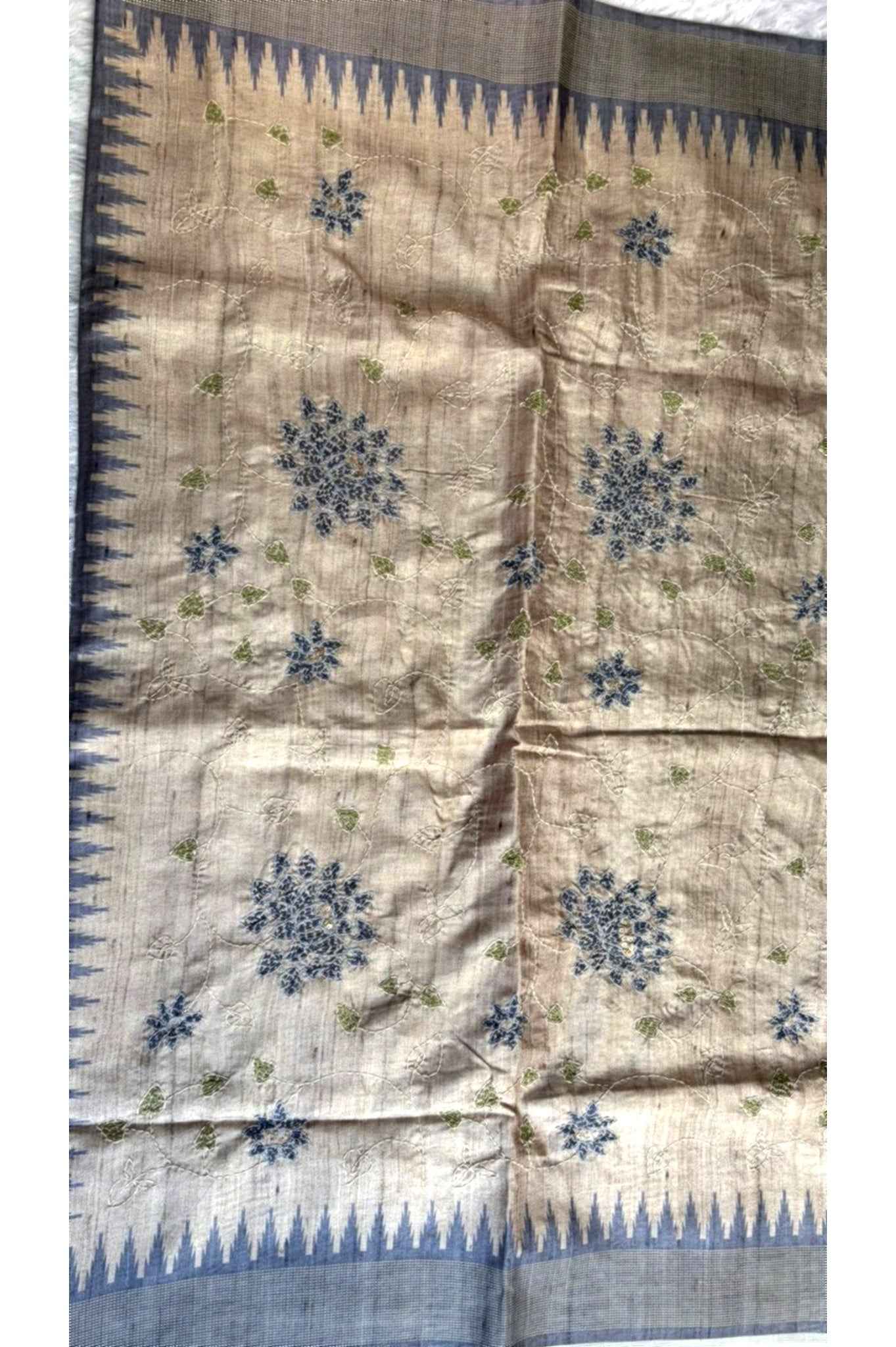 Grey Kantha work Semi Tussar Saree