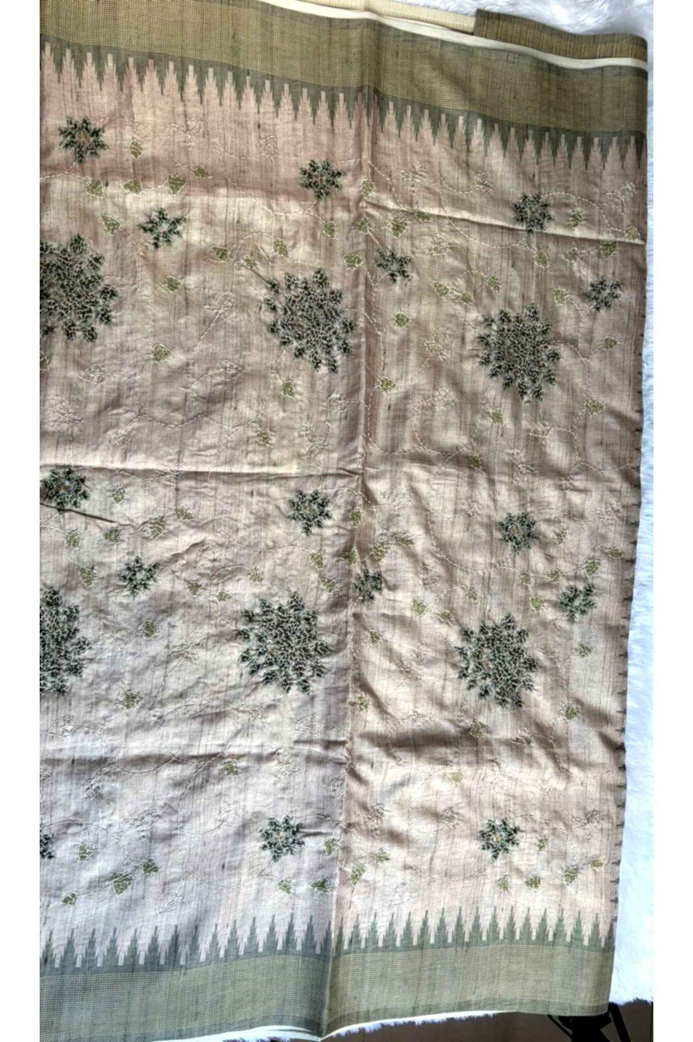 Green Kantha work Semi Tussar Saree