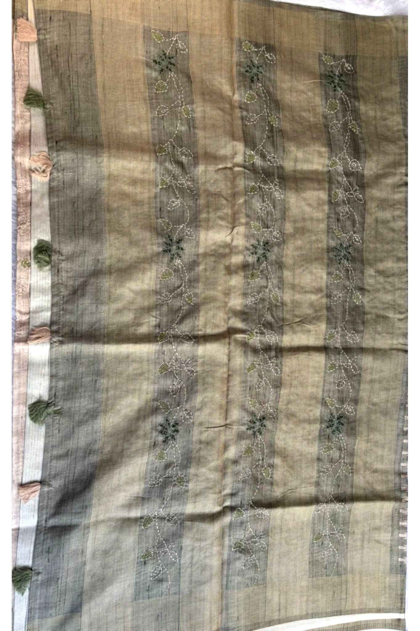 Green Kantha work Semi Tussar Saree