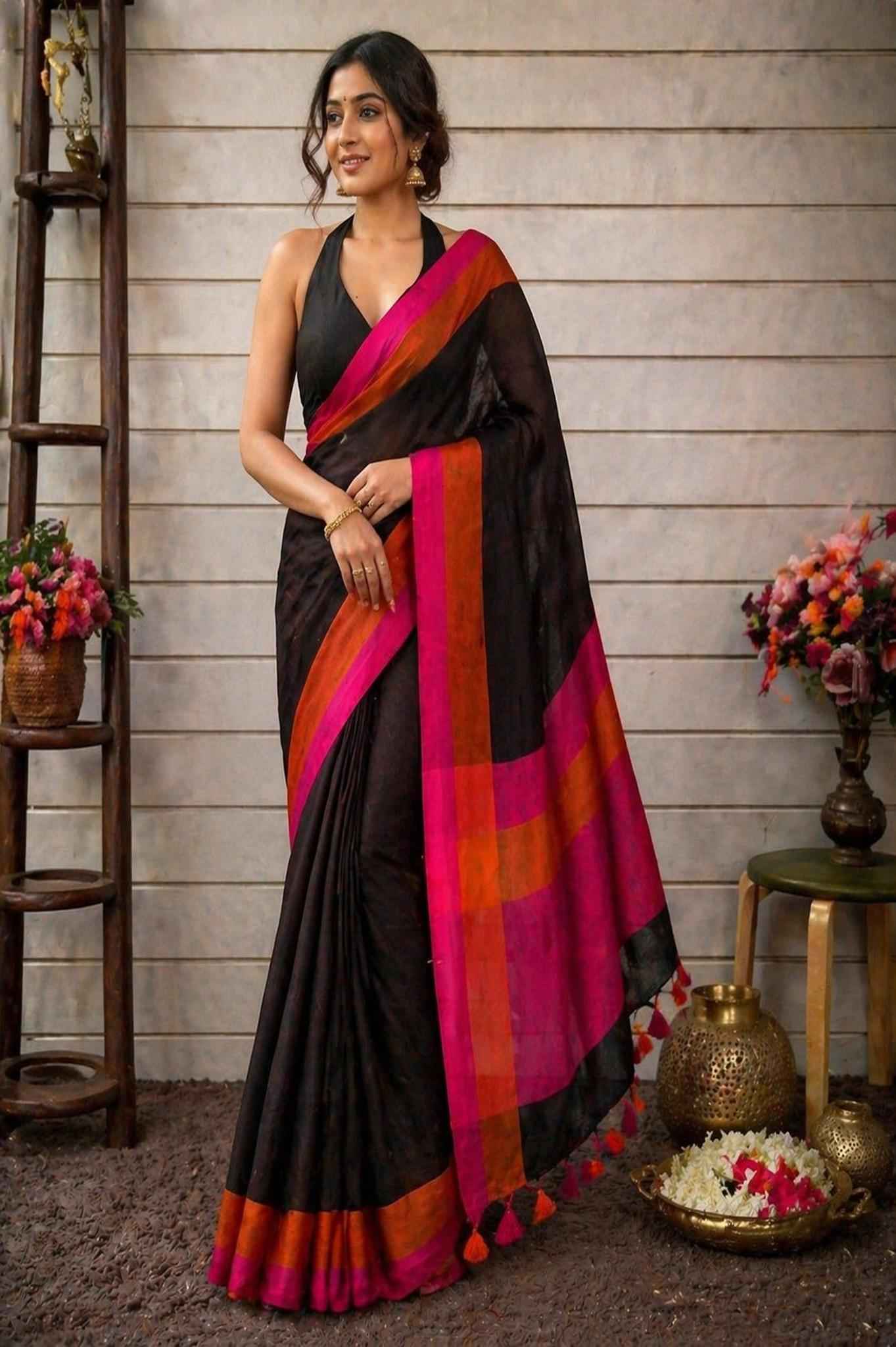 Black Yarn Linen Saree