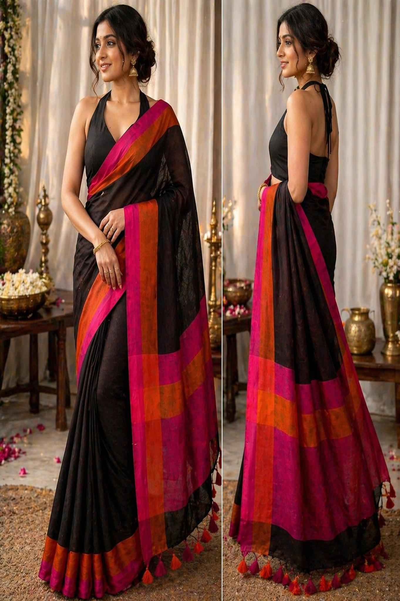Black Yarn Linen Saree