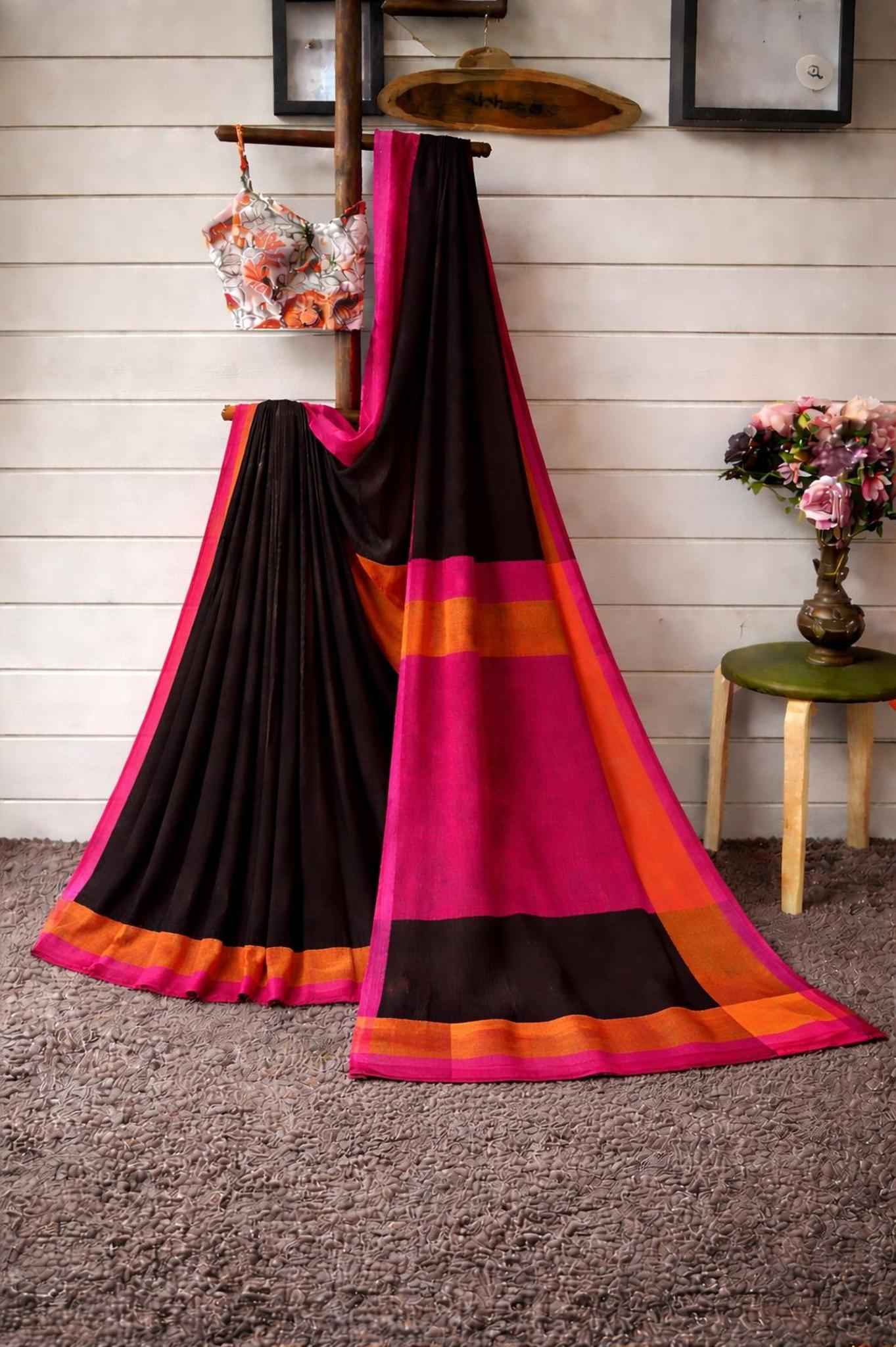 Black Yarn Linen Saree