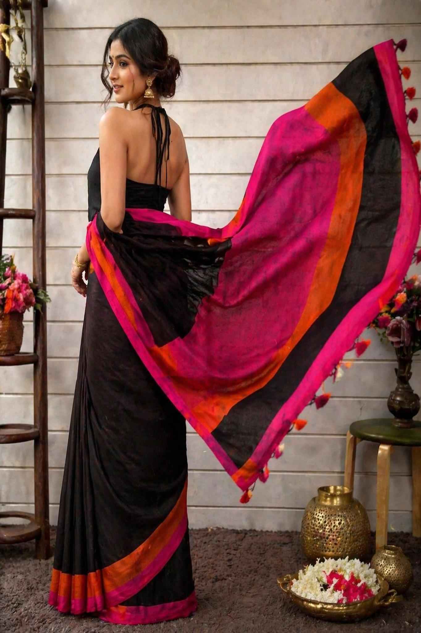 Black Yarn Linen Saree