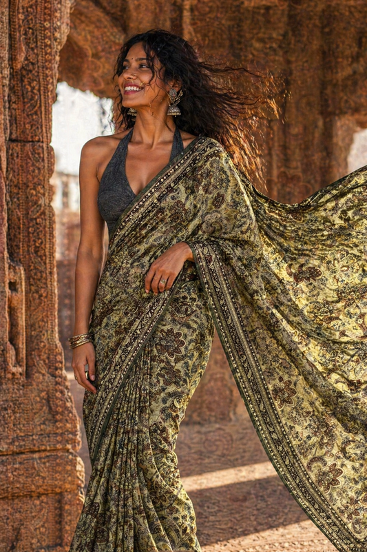 Green Momga Printed Tussar silk saree - Vaidehi Sutra