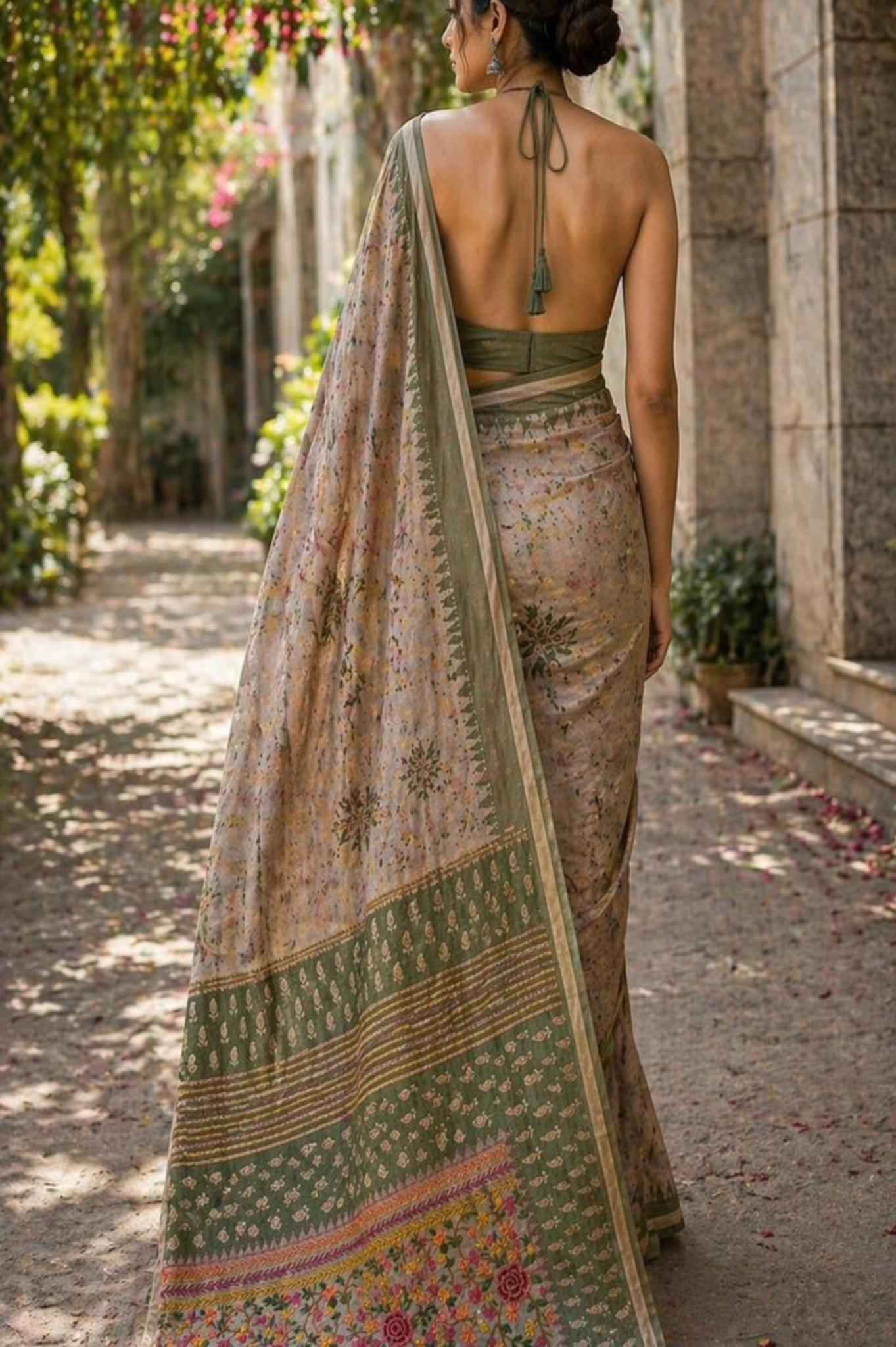 Green Handwork Semi Tussar Saree