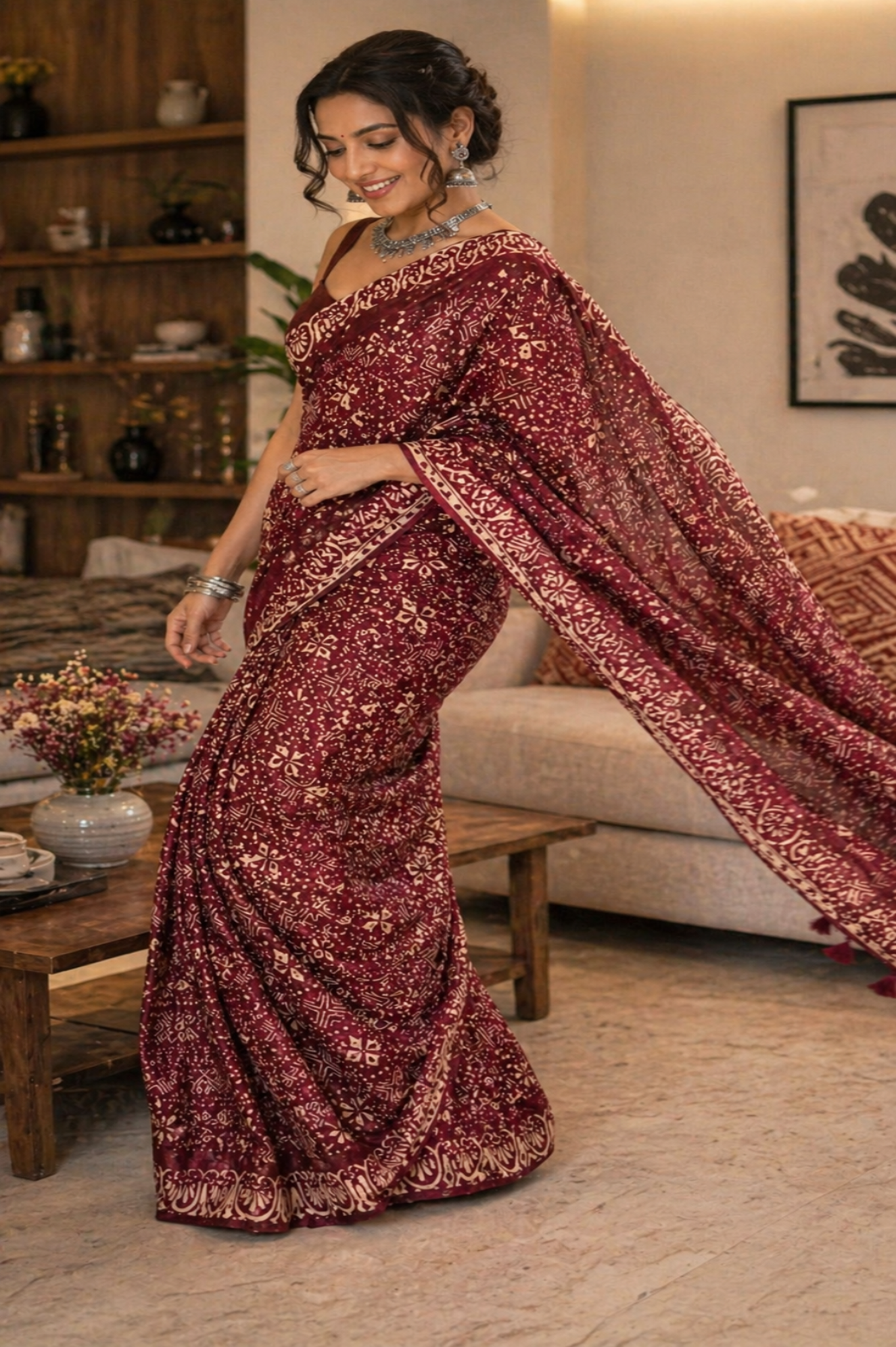 Maroon Ajrakh Mul Cotton Saree