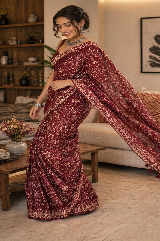 Maroon Ajrakh Mul Cotton Saree