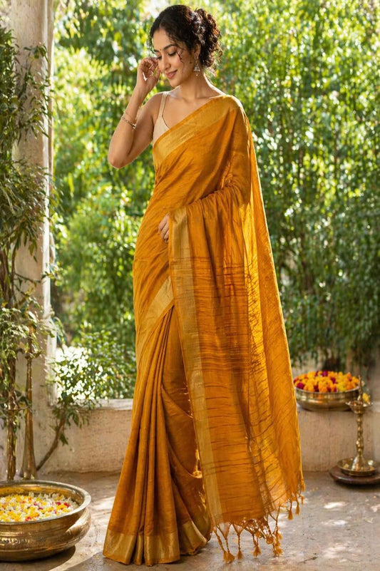Mustard Checked Semi Tussar Saree